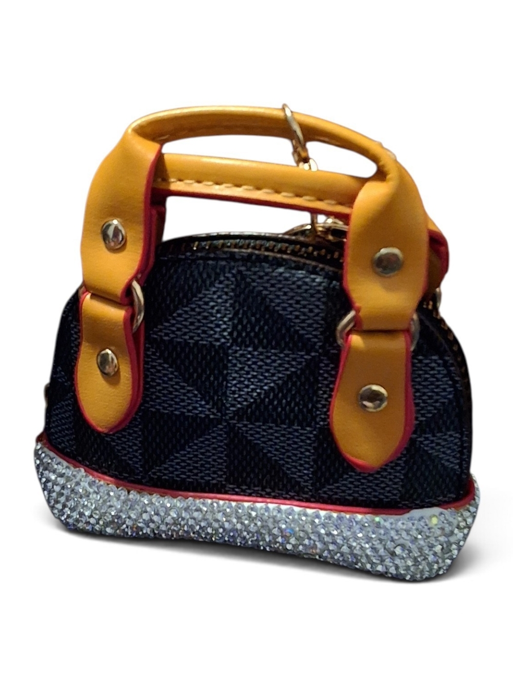 Yellow-Handle Black Mini Tote Handbag with Rhinestone Trim